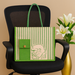 Green Striped Jute Tote Bag with Artistic Face Design
