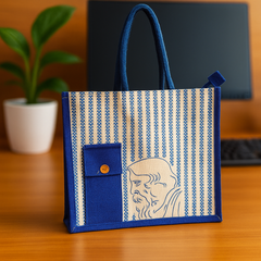 Blue Striped Artistic Jute Tote Bag for Students