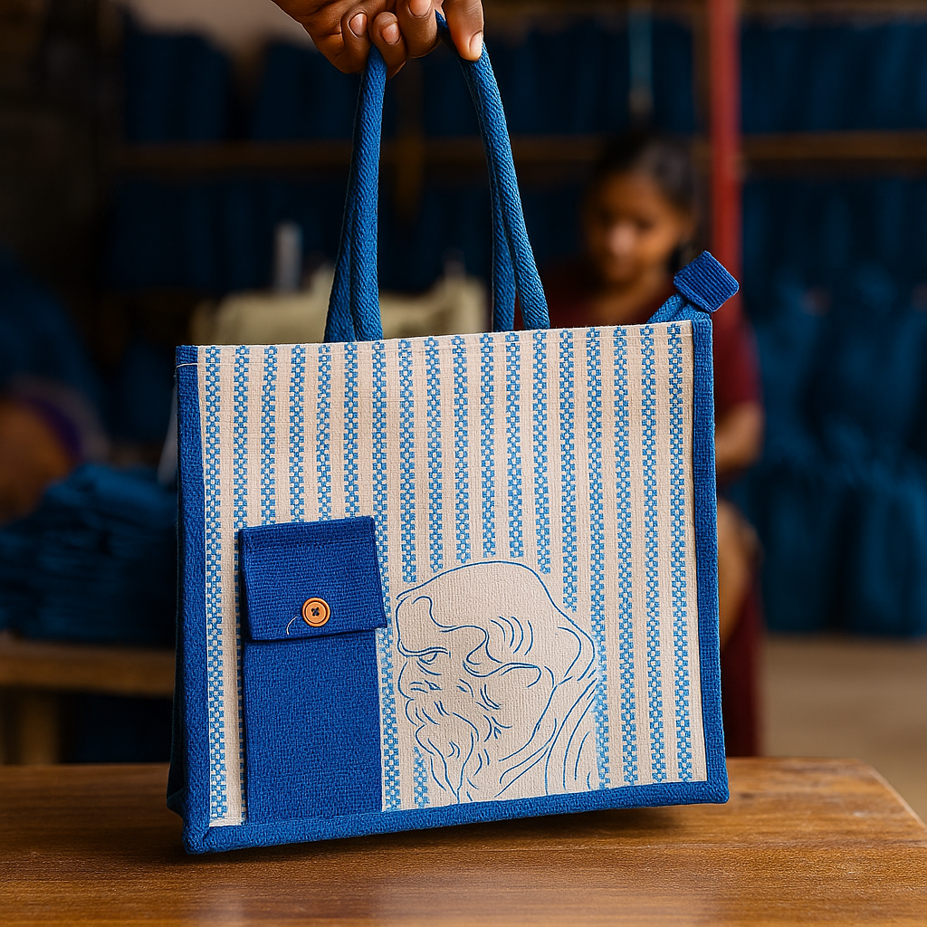 Blue Striped Artistic Jute Tote Bag for Students