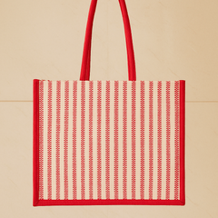 Red Striped Jute Tote Bag with Artistic Print