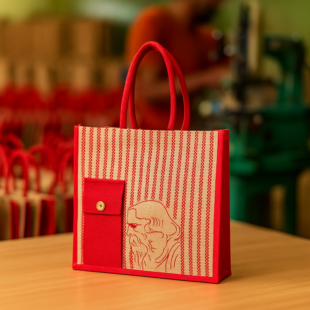 Red Striped Jute Tote Bag with Artistic Print