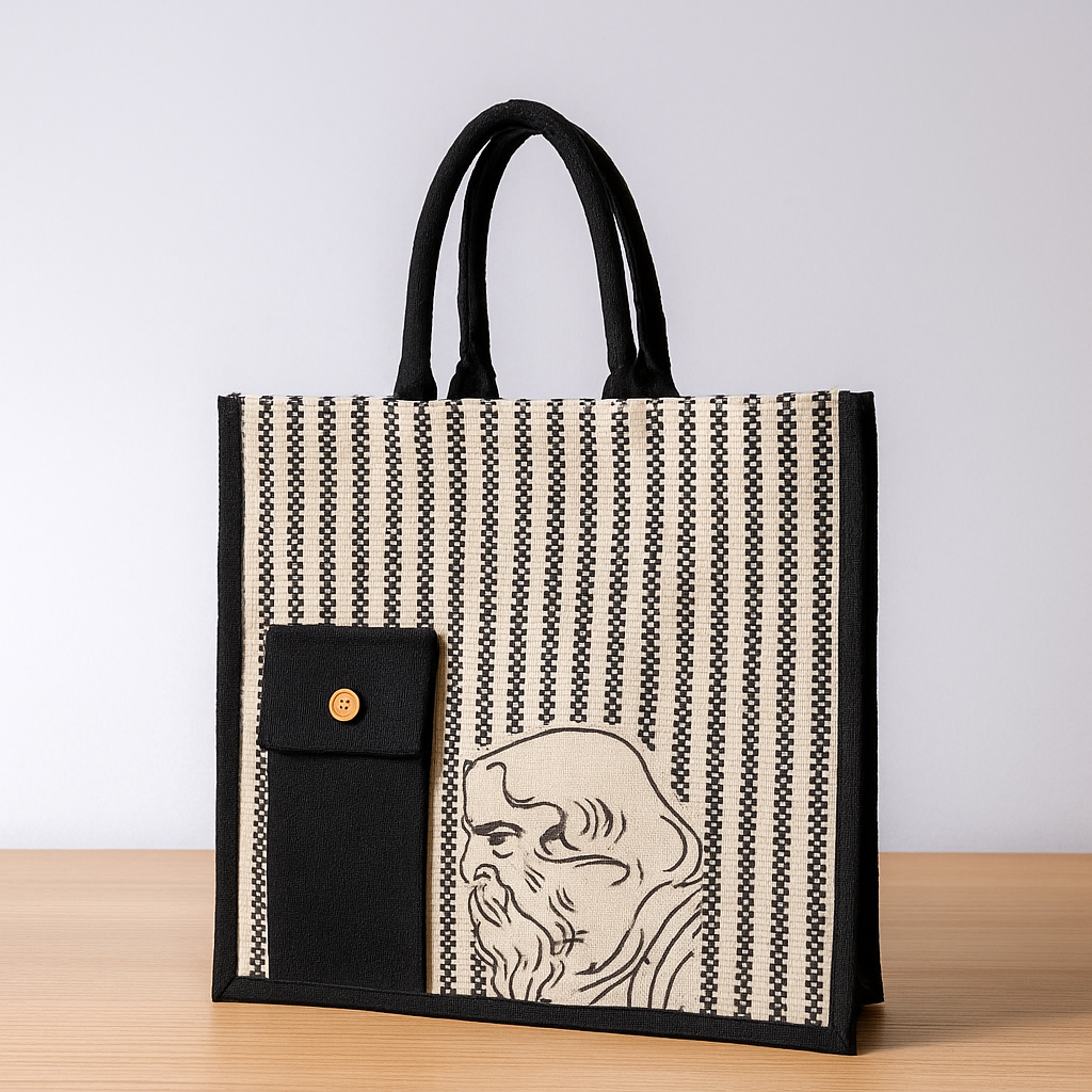 Black Striped Jute Tote Bag with Artistic Face Sketch