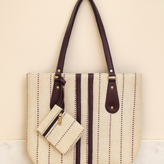 Handcrafted Beige Tote Bag with Maroon Stripes and Front Zip Pocket