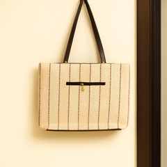 Handcrafted Beige Tote Bag with Maroon Stripes and Front Zip Pocket