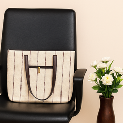 Handcrafted Beige Tote Bag with Maroon Stripes and Front Zip Pocket