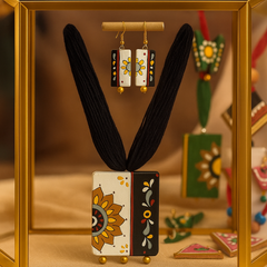 Handcrafted Sunflower Pendant Set – Yellow & Black Tribal Design