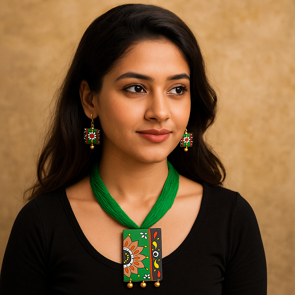 Handcrafted Green Tribal Pendant Set – Sunflower Design