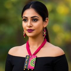 Handcrafted Pink Tribal Pendant Set – Floral Fusion Design