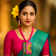 Handcrafted Pink Tribal Pendant Set – Floral Fusion Design