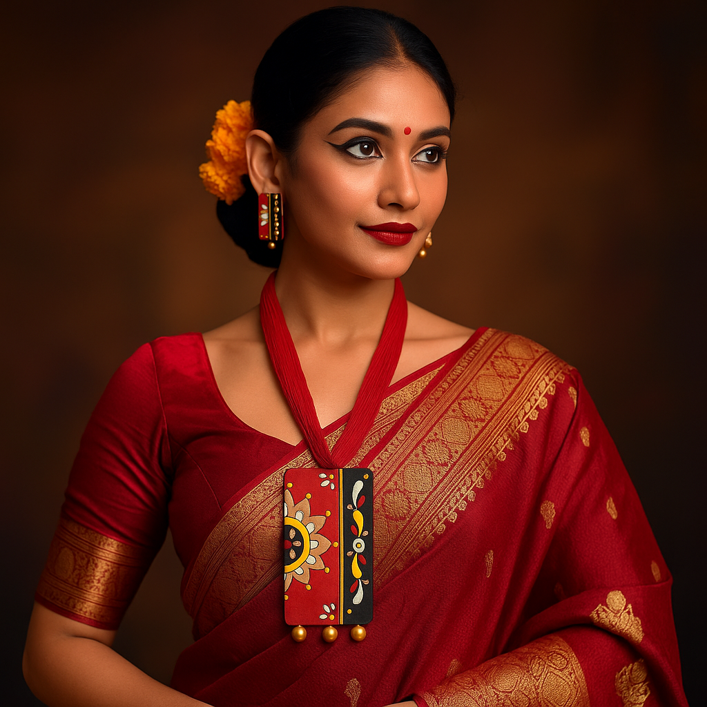 Handcrafted Red & Black Pendant Set – Floral Block Design