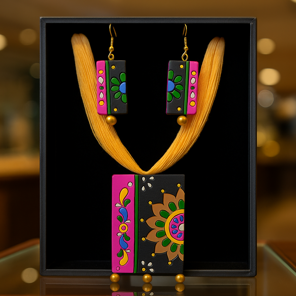 Multicolor Handcrafted Pendant Set – Yellow Thread & Floral Blocks