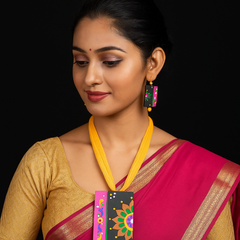 Multicolor Handcrafted Pendant Set – Yellow Thread & Floral Blocks