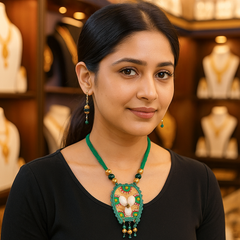 Artistic Shell & Bead Pendant Set – Green Thread Tribal Style