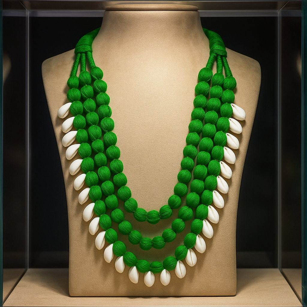 Handcrafted Green Beaded Multi-Layer Tribal Necklace – Shell Drop Accents
