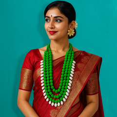 Handcrafted Green Beaded Multi-Layer Tribal Necklace – Shell Drop Accents
