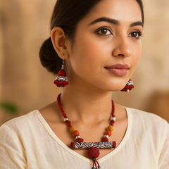 Traditional Tribal Necklace Set with Hand-Painted Tube Pendant