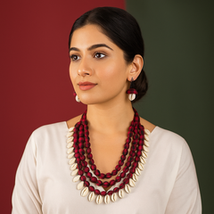 Elegant Red & Shell Layered Necklace Set