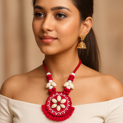 Red Floral Shell Pendant Necklace