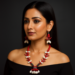 Handmade Red Bird Motif Shell Jewelry Set (Necklace + Earrings)