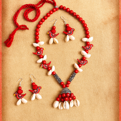 Handmade Red Bird Motif Shell Jewelry Set (Necklace + Earrings)