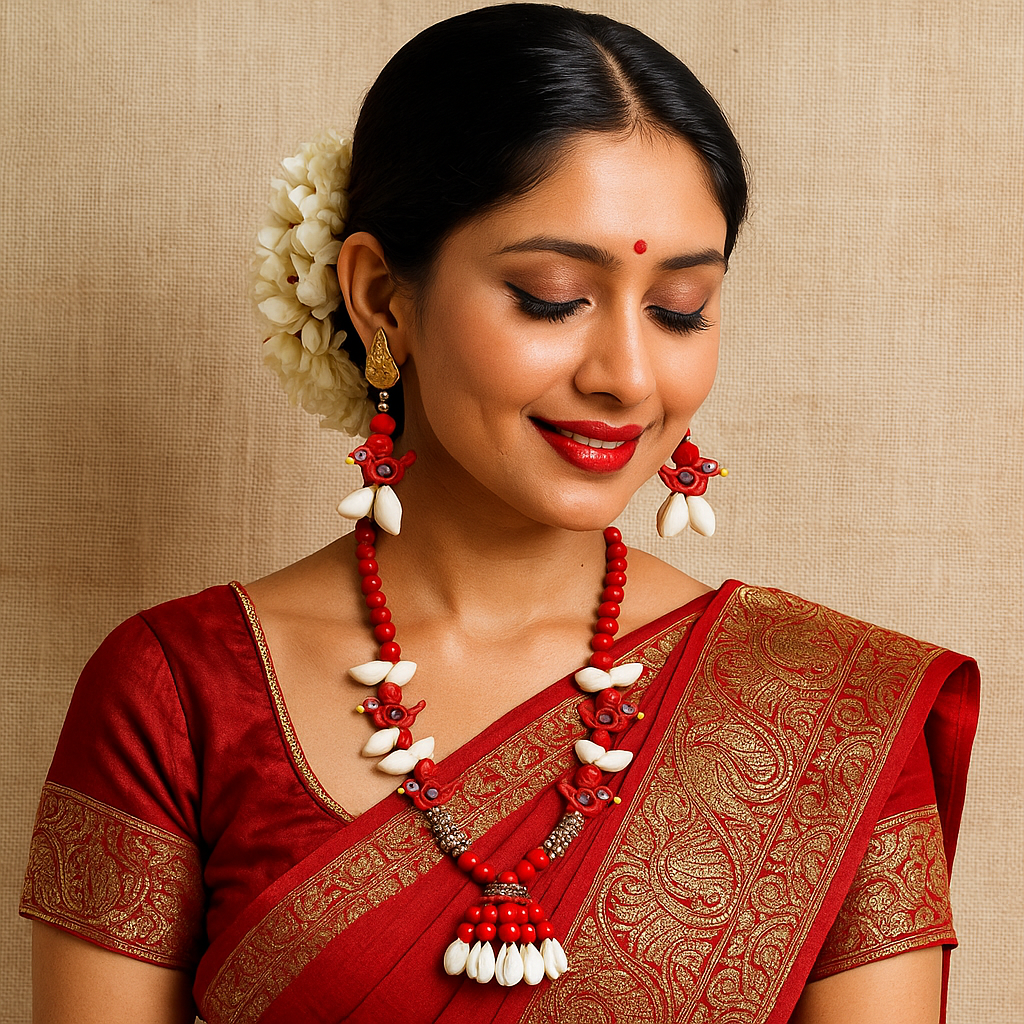 Handmade Red Bird Motif Shell Jewelry Set (Necklace + Earrings)