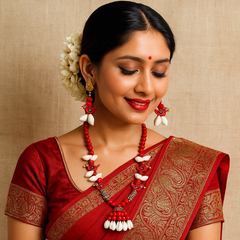 Handmade Red Bird Motif Shell Jewelry Set (Necklace + Earrings)