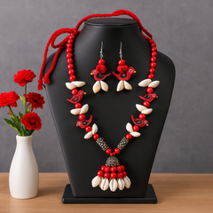 Handmade Red Bird Motif Shell Jewelry Set (Necklace + Earrings)