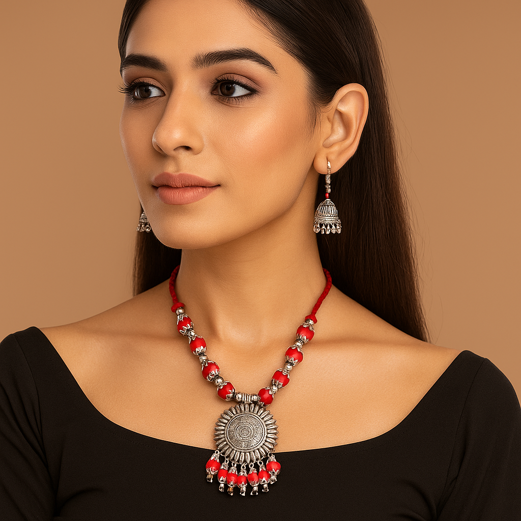 Oxidized Silver Look Necklace with Jhumka Earrings – Red Threaded Set