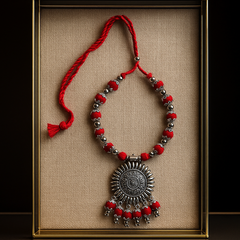 Oxidized Silver Look Necklace with Jhumka Earrings – Red Threaded Set