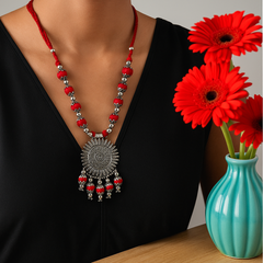 Oxidized Silver Look Necklace with Jhumka Earrings – Red Threaded Set