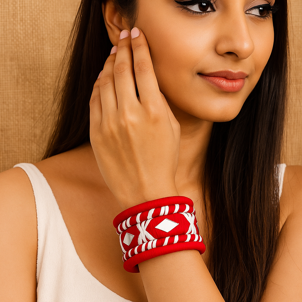 Red Silk Thread Mirror Work Bangles