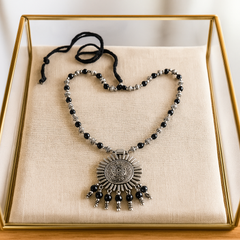Black Beaded Oxidised Pendant Necklace