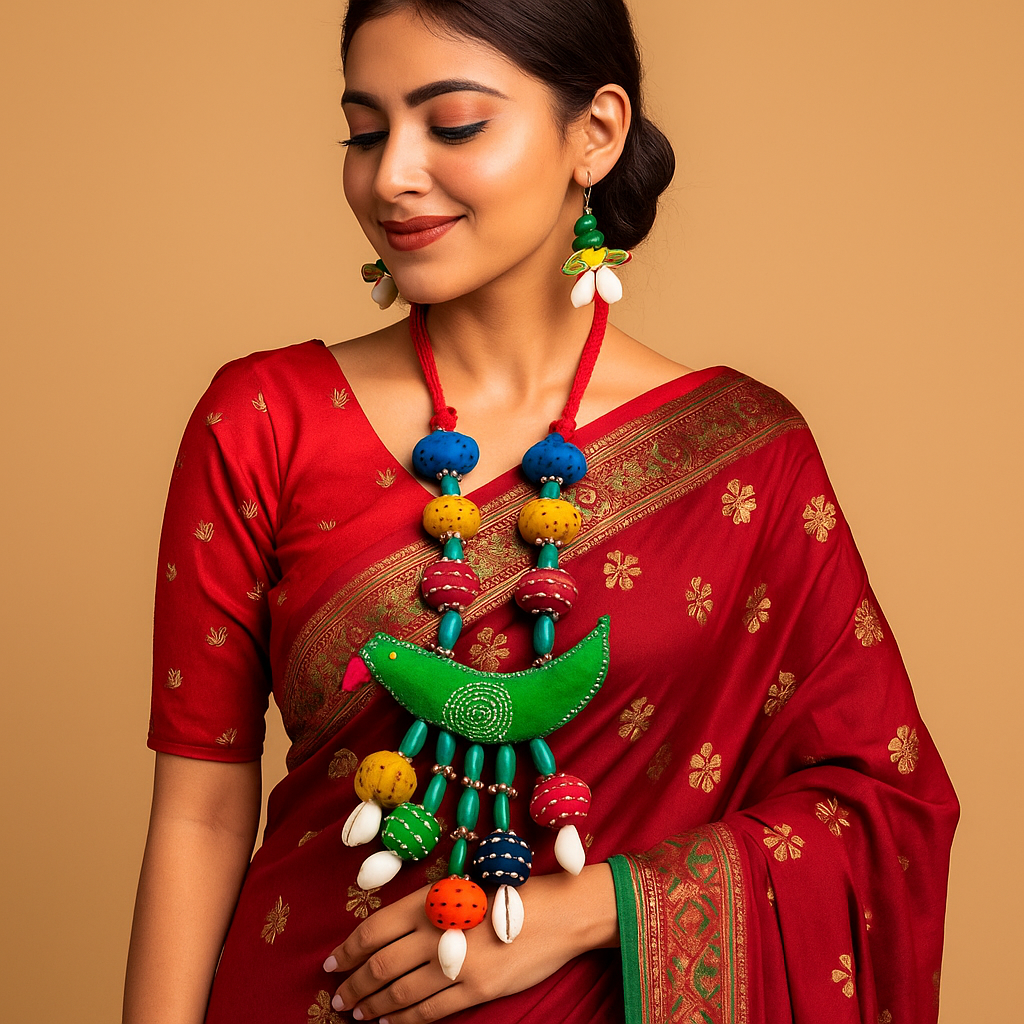 Colorful Bird Motif Necklace Set with Earrings