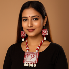 Red Warli Art Shell Necklace Set