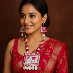 Red Warli Art Shell Necklace Set