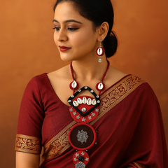 Red & Black Cowrie Shell Layered Pendant Necklace Set