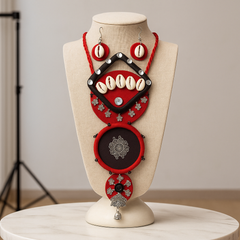 Red & Black Cowrie Shell Layered Pendant Necklace Set