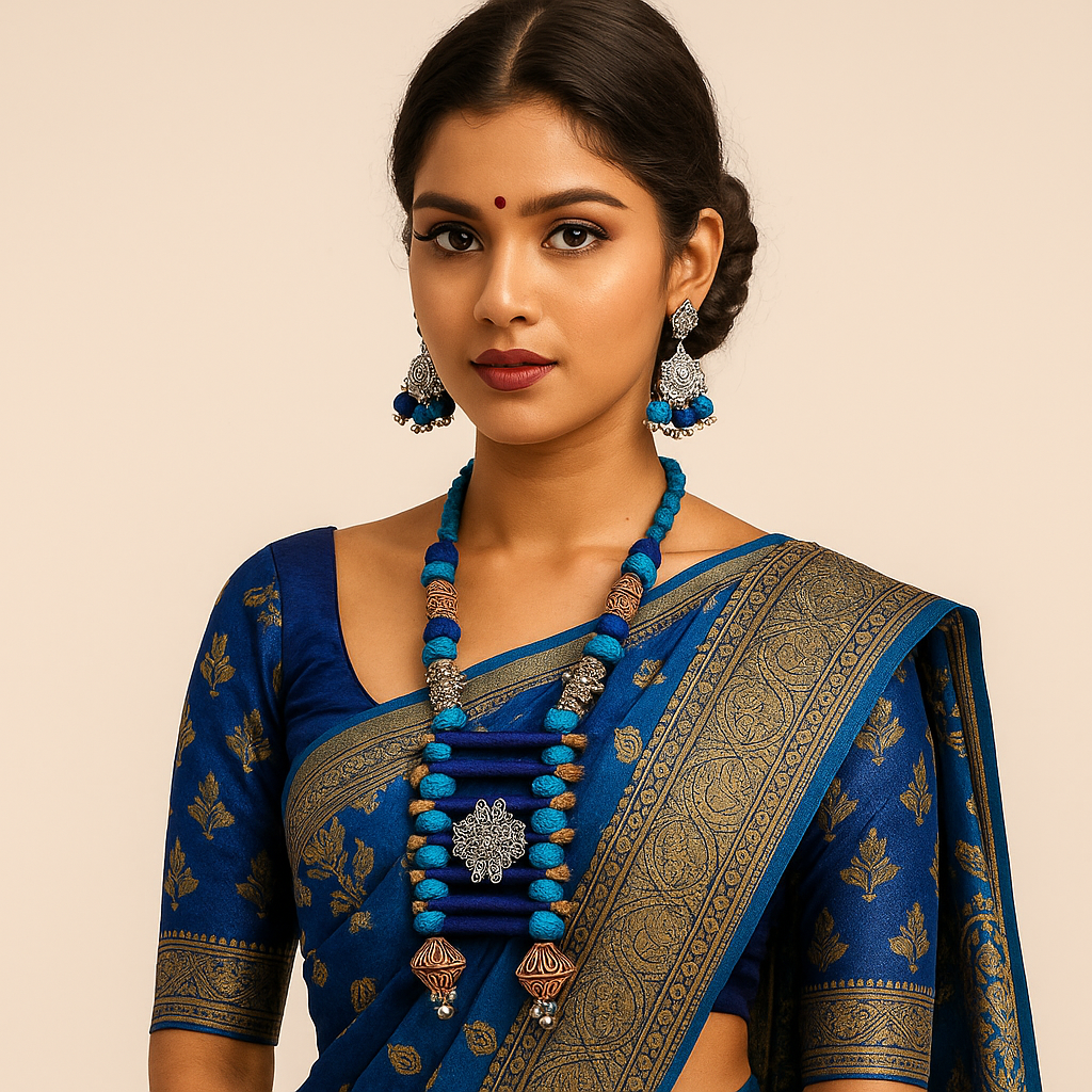 Blue & Brown Wool Bead Oxidized Pendant Necklace Set