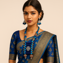 Blue & Brown Wool Bead Oxidized Pendant Necklace Set