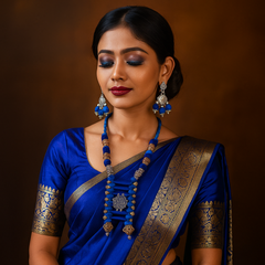 Blue & Brown Wool Bead Oxidized Pendant Necklace Set