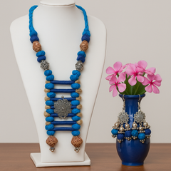 Blue & Brown Wool Bead Oxidized Pendant Necklace Set