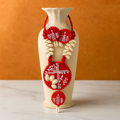 Red Fabric Cowrie Shell Round Pendant Necklace