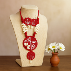 Red Fabric Cowrie Shell Round Pendant Necklace