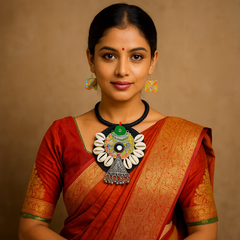 Black & Green Cowrie Shell Pendant Necklace Set