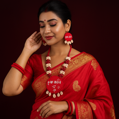 Red Cowrie Shell Round Pendant Necklace Set with Hindi Text