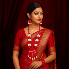 Red Cowrie Shell Round Pendant Necklace Set with Hindi Text