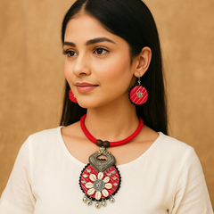 Red Cowrie Shell Floral Pendant Necklace Set