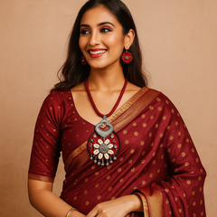 Maroon Cowrie Shell Floral Pendant Necklace Set