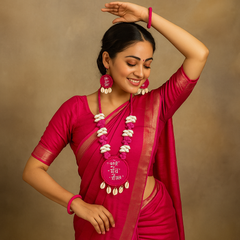 Pink Cowrie Shell Pendant Necklace Set with Hindi Text