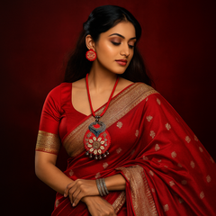 Red Cowrie Shell Floral Pendant Necklace Set with Oxidized Top